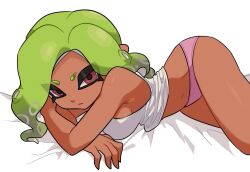  bed_sheet breasts female green_hair highres ikki_(gsl_9708) looking_at_viewer no_pants octoling octoling_girl octoling_player_character panties pink_panties solo splatoon_(series) splatoon_3 tank_top tentacle_hair underwear white_tank_top 