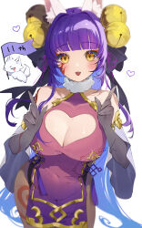  absurdres animal_ear_fluff animal_ears bell blunt_bangs breasts cleavage cleavage_cutout clothing_cutout daji_(monster_strike) eyeshadow facial_mark female fox hair_bell hair_ornament hair_ribbon highres index_fingers_raised ira_n large_breasts long_hair looking_at_viewer makeup monster_strike pantyhose purple_hair ribbon solo yellow_eyes 