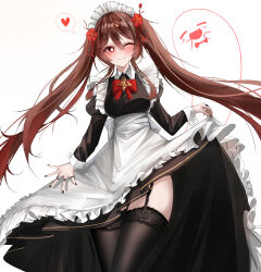  absurdres black_nails blush boo_tao_(genshin_impact) brown_hair clothes_lift female flower flower-shaped_pupils genshin_impact ghost hair_between_eyes highres hu_tao_(genshin_impact) jewelry long_hair long_sleeves looking_at_viewer maid red_eyes skirt skirt_lift smile solo symbol-shaped_pupils teca_(ryeol) thighhighs thighs twintails very_long_hair white_background 