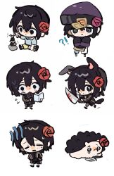  1boy absurdres alternate_costume animal_ears animalization black_eyes black_hair black_jacket black_pants blood blood_on_weapon blue_shirt chibi chibi_only chinese_commentary closed_eyes closed_mouth commentary_request dog_boy dog_ears dog_tail flower flying_sweatdrops freckles fu_shun_(touqi_guaitan) hair_between_eyes hair_flower hair_ornament hat hedgehog highres holding holding_knife holding_microphone jacket jiangshi kemonomimi_mode knife long_sleeves long_zhi_feng_di_renxin_poce male_focus microphone multiple_views ofuda ofuda_on_head open_mouth pants purple_hat red_flower rock_balancing shirt short_hair short_sleeves shorts simple_background sitting stacking sweat tail touqi_guaitan weapon white_background yellow_shorts 