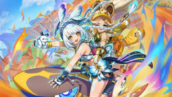  2girls :d absurdres animal_ears aqua_headband bare_shoulders blue_hair blue_hairband blue_headband body_markings braid breasts chinchilla_ears crop_top fingerless_gloves fish-shaped_pupils fur-lined_gloves fur-trimmed_mittens fur_trim genshin_impact gloves hairband hawaiian_clothes headband highres holding holding_instrument holding_maracas instrument kachina_(genshin_impact) light_blue_hair long_hair looking_at_viewer low_twin_braids maracas midriff mittens mualani_(genshin_impact) multiple_girls navel open_mouth red_eyes rx-c small_breasts smile symbol-shaped_pupils tan twin_braids visor_cap 