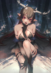  arm_strap bare_shoulders black_bow black_dress bow breasts collarbone colored_extremities colored_inner_hair commission demon_girl devora_(vtuber) dress eyelashes female flower forest horn_bow horn_ornament horns indie_virtual_youtuber long_hair multicolored_hair nature open_mouth pointy_ears purple_hair red_eyes sharp_teeth sitting skeb_commission solo suzuhiro teeth thigh_strap virtual_youtuber 