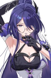  acheron_(honkai:_star_rail) arm_up armor armpits bespectacled black_choker black_gloves black_shirt breasts chain_around_arm chains choker cleavage commentary criss-cross_halter diamond-shaped_pupils diamond_(shape) english_commentary female glasses gloves hair_ornament hair_over_one_eye hair_tie_in_mouth halterneck highres honkai:_star_rail honkai_(series) jacket large_breasts long_hair looking_at_viewer luckplz mouth_hold multicolored_hair purple_eyes purple_hair round_eyewear shirt shoulder_armor simple_background solo streaked_hair symbol-shaped_pupils teeth tying_hair upper_body very_long_hair white_background white_jacket 