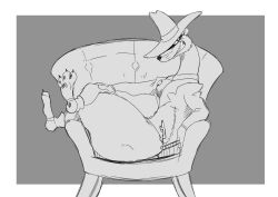  2024 anthro ascot bottomless bottomless_anthro bottomless_male chair claws clenched_teeth clothed clothing crossed_legs disney fangs fur furniture hand_on_leg hat headgear headwear jacket looking_at_viewer male mammal mustelid musteline on_chair paws pose reagan700 side_view sitting sitting_on_chair smarty_weasel smile smiling_at_viewer solo teeth thick_thighs toon_patrol topwear true_musteline weasel who_framed_roger_rabbit 