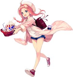  ahoge bag bare_legs blue_skirt bride dare_ga_tame_no_alchemist female food hat lisbeth_finn_lustburg lowres official_alternate_costume official_art open_mouth pink_hair popcorn red_bag red_footwear second-party_source shirt short_shorts shorts simple_background skirt smile solo standing white_background white_hat white_shirt 