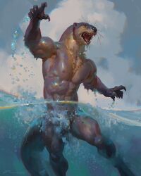  2024 5_fingers abs anthro biped brown_body brown_fur bubble claws convenient_censorship finger_claws fingers fur hi_res male mammal muscular muscular_anthro mustelid nipples nude open_mouth otter partially_submerged pecs signature solo swimming tail taran_fiddler water were weremustelid wereotter weretober wet whiskers 