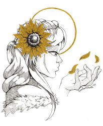  2021 5_fingers accessory artist_name blowing blowing_petals bust_portrait cloak clothing colored dated dungeons_and_dragons elf female female_humanoid fingers flower flower_in_hair hair hair_accessory hair_over_shoulder hasbro hi_res humanoid inktober inktober_2021 long_hair merilwen oxventure pen_(artwork) petals plant portrait randomthunk shaded side_view simple_background solo traditional_media_(artwork) white_background white_hair wizards_of_the_coast wood_elf yellow_flower yellow_petals 