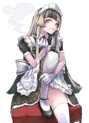  absurdres alternate_costume blue_eyes butteredcat cigarette female gloves highres holding holding_cigarette hololive hololive_dev_is juufuutei_raden long_hair maid mary_janes multicolored_hair pantyhose shoes smoke solo virtual_youtuber white_background white_gloves white_pantyhose 