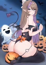  absurdres ass bat_(animal) black_leotard black_thighhighs black_wings blue_eyes bow breasts brown_hair candy clothing_cutout colored_inner_hair demon_girl demon_tail female food ghost glasses hair_ornament hairbow heart_cutout highres holding holding_candy holding_food holding_lollipop jack-o&#039;-lantern leotard lollipop median_furrow multicolored_hair night night_sky orange_bow original pointy_ears pokuriin purple_hair sky solo tail thighhighs two-tone_hair white_bow wings 