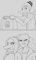  3:5 5_fingers angry annoyed anon_(snoot_game) anthro bald before_and_after biped black_and_white bone_frill cavemanon_studios choker clothed clothed_anthro clothed_female clothed_male clothing english_text eyebrows fang_(gvh) feathered_wings feathers female fingers frill_(anatomy) frown gift goodbye_volcano_high group hair happy hi_res holding_object human humanoid_hands humor jacket jewelry joke long_hair looking_at_viewer male mammal markings monochrome naser_(gvh) necklace open_mouth open_smile prehistoric_species pterodactylus pterosaur racism raised_eyebrows reptile rumydaigo scalie shirt short_hair smile smirk snoot_game standing striped_markings stripes teeth text tongue topwear trio wings 