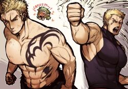  1boy abs bara blonde_hair chibi chibi_inset clenched_hands clothes_on/clothes_off covered_abs fairy_tail fried_justine highres large_pectorals laxus_dreyar male_focus multiple_views muscular nipples open_mouth pectorals scar scar_across_eye tattoo topless_male xzikill 