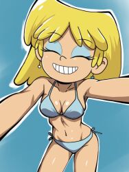  bikini blonde_hair blue_background blue_bikini breasts closed_eyes earrings female grin highres jewelry lori_loud makeup maximil66748460 medium_breasts short_hair side-tie_bikini_bottom smile solo standing swimsuit teeth the_loud_house 