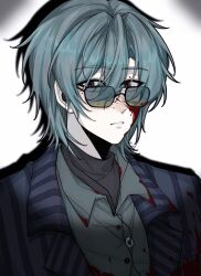  1boy black_eyes blood blood_on_clothes blood_on_face blue_hair blue_jacket chinese_commentary collared_shirt commentary_request grey_shirt hair_between_eyes highres jacket lapels liangchaliang807 liu_qingcheng male_focus mole mole_under_eye open_clothes open_jacket pale_skin red_pupils shirt short_hair solo striped_clothes striped_jacket sunglasses touqi_guaitan upper_body variant_set vertical-striped_clothes vertical-striped_jacket white_background 