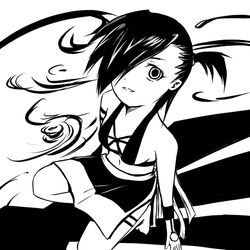  barefoot commentary_request enma enma_(character) female greyscale hair_over_one_eye looking_up monochrome ponytail short_hair side_ponytail solo staring tattoo tetsuji 