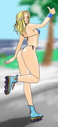  ass bikini blonde_hair blue_eyes day dead_or_alive female hybrid_cat inline_skates legs micro_bikini one_eye_closed roller_skates side-tie_bikini_bottom skates solo swimsuit thong_bikini thumbs_up tina_armstrong 