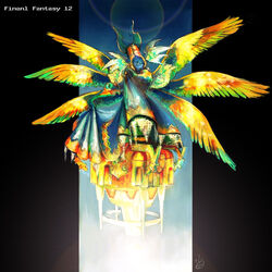  blue_skin closed_eyes colored_skin commentary_request dress feathered_wings female final_fantasy final_fantasy_xii flying multiple_wings seraph solo ultima_(ffta) wings yin_(yggdrasil_3) 