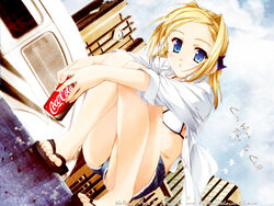  akino_takehiko bettou_izumi-shizuka_scarlett bikini bikini_top_only blonde_hair blue_eyes blue_shorts can coca-cola cutoffs day denim denim_shorts drink drink_can female flat_chest flip-flops full_body holding holding_can long_hair long_sleeves looking_at_viewer outdoors photoshop_(medium) sandals scarlett short_shorts shorts sky soda soda_can solo squatting summer_uniform swimsuit 