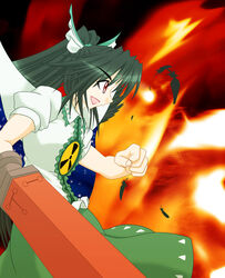  arm_cannon commentary_request female fire long_hair reiuji_utsuho short_sleeves solo tasoku_hokou_heiki touhou weapon wings 