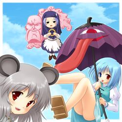  3girls :p animal_ears blue_hair blush bracelet commentary_request edajima_heihachi geta grey_hair heterochromia hood jewelry karakasa_obake kumoi_ichirin mouse_ears multiple_girls nazrin purple_umbrella red_eyes sakigake!!_otokojuku short_hair sweatdrop tatara_kogasa tongue tongue_out touhou umbrella unzan yamasan 