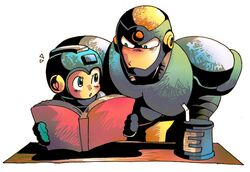  2boys :o android blue_eyes blue_headwear book commentary_request drinking_straw energy_tank eye_contact flash_man green_eyes helmet holding holding_book kwsk_miki looking_at_another male_focus mega_man_(character) mega_man_(classic) mega_man_(series) mega_man_2 multiple_boys notice_lines open_book photoshop_(medium) studying 