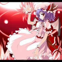  bat_wings blush commentary_request dress female kuronekogata letterboxed looking_at_viewer pink_dress profile puffy_short_sleeves puffy_sleeves purple_hair red_eyes remilia_scarlet short_hair short_sleeves solo touhou wings wrist_cuffs 