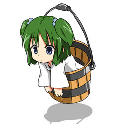  :o blue_eyes bucket commentary_request female floating green_hair hair_bobbles hair_ornament in_bucket in_container kisume lowres morino_harifu short_hair simple_background solo touhou twintails wooden_bucket 