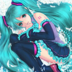  aqua_eyes aqua_hair commentary_request detached_sleeves female hatsune_miku long_hair mamoru_(mamoru_jinja) skirt solo thighhighs twintails very_long_hair vocaloid 