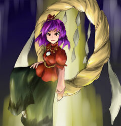  commentary_request female hair_ornament mirror purple_hair rope shide shimenawa short_hair solo tetsuji touhou yasaka_kanako 