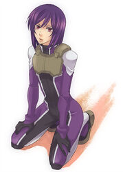  1boy androgynous bad_id bad_pixiv_id bodysuit gundam gundam_00 hitori_(edge) male_focus otoko_no_ko purple_bodysuit purple_hair red_eyes short_hair solo tieria_erde 