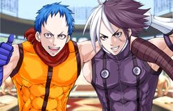  2boys :d abs arm_around_neck arm_behind_head bad_id bad_pixiv_id black_hair blue_gloves blue_hair blurry blurry_background bodysuit choker_(pixiv) covered_abs gloves grin k9999 looking_at_viewer male_focus multicolored_hair multiple_boys nameless_(kof) open_mouth orange_shirt pectorals purple_eyes red_eyes shirt short_hair side-by-side sleeveless sleeveless_shirt smile split-color_hair teeth the_king_of_fighters thumbs_up toned toned_male two-tone_hair upper_body white_hair 