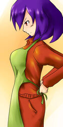  apron commentary_request female purple_hair red_eyes short_hair solo tetsuji touhou track_suit yasaka_kanako 