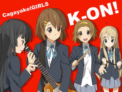  4girls akiyama_mio bad_id bad_pixiv_id black_hair blazer blonde_hair blunt_bangs brown_hair guitar hime_cut hirasawa_yui instrument jacket k-on! kotobuki_tsumugi long_hair multiple_girls naosuke_(morioka_shachuu) sakuragaoka_high_school_uniform school_uniform tainaka_ritsu winter_uniform 