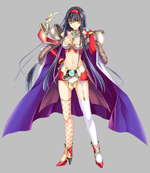  armor black_hair breasts cape chi_you chinese_mythology cleavage commentary_request female hairband large_breasts legs long_hair midriff navel photoshop_(medium) riv_(rivleaf) simple_background solo standing thighhighs very_long_hair yellow_eyes yujie_shenji 