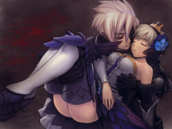  1boy 2009 armor armored_dress black_armor boots carrying couple crown dress female grey_background gwendolyn_(odin_sphere) jayun md5_mismatch odin_sphere oswald_(odin_sphere) panties princess_carry resolution_mismatch source_smaller straight strapless strapless_dress thigh_boots thighhighs underwear white_hair 