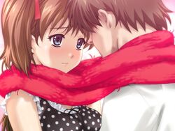  1boy amamiya_momona blue_eyes blush brown_hair couple female game_cg happoubi_jin ichijo_daisuke long_hair looking_at_another polka_dot red_scarf resort_boin scarf shared_clothes shared_scarf straight upper_body 