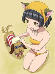  animal_ears barefoot bikini black_hair bob_cut canine cat_ears commentary_request dorm_leader female flat_chest foreshortening goggles hat kneeling komatsu_(sakanae) maria_holic solo striped swimsuit yellow_eyes yonakuni 