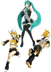  1boy 2girls aqua_eyes aqua_hair aqua_nails bad_id bad_pixiv_id belt blonde_hair boots bow crop_top detached_sleeves hair_ornament hairbow hairclip hatsune_miku headset highres kagamine_len kagamine_rin long_hair loose_socks midriff miniskirt multiple_girls nail_polish navel necktie pleated_skirt sakatsuki short_hair short_shorts shorts siblings skirt smile socks thigh_boots thighhighs twins twintails vocaloid yellow_nails zettai_ryouiki 