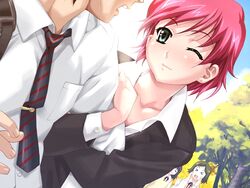  1boy arm_hug blush couple female game_cg green_eyes happoubi_jin ichijo_daisuke iihara_nao pink_hair resort_boin school school_uniform short_hair straight 