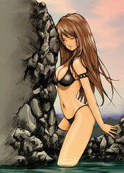  bikini brown_hair closed_eyes dead_or_alive female hybrid_cat kasumi_(doa) long_hair solo swimsuit water 