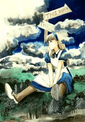  alice_(alice_in_wonderland) alice_in_wonderland apron blonde_hair cloud dress female forkroad giant giantess hairband lingerie long_hair mary_janes petticoat shoes sign sky solo traditional_media tsuruta_kenji underwear windmill 