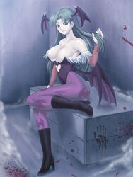  animal_print bare_shoulders bat_print bat_wings blood breasts cleavage commentary_request demon_girl elbow_gloves female gloves green_eyes green_hair head_wings huge_breasts long_hair morrigan_aensland pantyhose print_pantyhose purple_wings sitting solo tonbidou vampire_(game) wings 