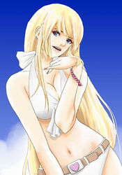  bikini blonde_hair blue_eyes eyeshadow female heart hybrid_cat lili_(tekken) long_hair makeup midriff nail_polish pink_nails smile solo swimsuit tekken very_long_hair 