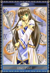  brown_hair card card_(medium) clock commentary_request detached_sleeves dress female gensou_suikoden gensou_suikoden_v green_eyes kuroneko_koubou long_hair side_slit staff tarot tarot_(medium) the_fool_(tarot) very_long_hair viki_(suikoden) 