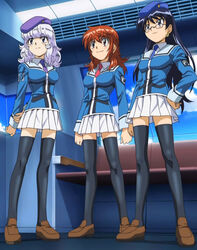  3girls akashi_kaoru anime_screenshot black_hair black_thighhighs blue_hair glasses hat highres long_hair multiple_girls nogami_aoi photoshop_(medium) red_hair sannomiya_shiho short_hair stitched teenage the_children thighhighs third-party_edit zettai_karen_children zettai_ryouiki 