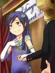  1boy blue_hair brown_eyes commentary_request elbow_gloves female flower gloves idolmaster idolmaster_(classic) idolmaster_1 kisaragi_chihaya long_hair p-head_producer producer_(idolmaster) tetsuji 