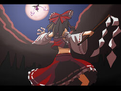  back bow brown_hair castlevania_(series) female gohei hairbow hakurei_reimu japanese_clothes jigoku_inu letterboxed midriff ofuda parody photoshop_(medium) red_bow remilia_scarlet sarashi short_hair skirt solo touhou wings 