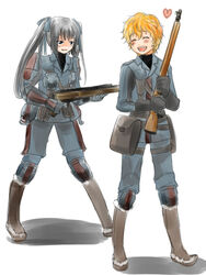  1boy bad_id bad_pixiv_id black_eyes blonde_hair blush edy_nelson female gloves grey_hair gun homer_peron military military_uniform minoharu senjou_no_valkyria_(series) senjou_no_valkyria_1 smile twintails uniform weapon 