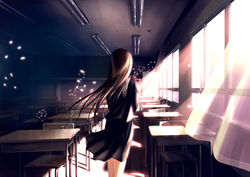  brown_hair chair classroom commentary_request curtains desk female from_behind indoors long_hair original petals school_desk school_uniform skirt solo sunlight wind window yonasawa 