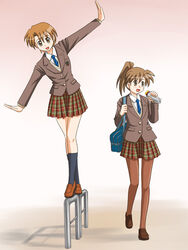  2girls balancing blazer blue_necktie brown_eyes brown_hair commentary_request food fujimoto_atsuko jacket kneehighs lielos multiple_girls necktie open_mouth original outstretched_arms pantyhose plaid plaid_skirt pleated_skirt poniko_(lielos) ponytail school_uniform skirt socks spread_arms sweet_potato 