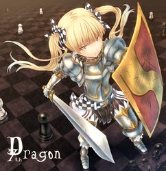  &gt;:) 7th_dragon 7th_dragon_(series) armor belt berich_(7th_dragon) blonde_hair board_game bow breastplate broken checkered checkered_bow checkered_clothes chess chess_piece chessboard commentary_request cuisses damaged female from_above hairbow holding holding_shield holding_sword holding_weapon knight_(7th_dragon) long_hair pauldrons pawn_(chess) sabamu scratches shield shoulder_armor smile solo sword twintails v-shaped_eyebrows vambraces weapon yellow_eyes 